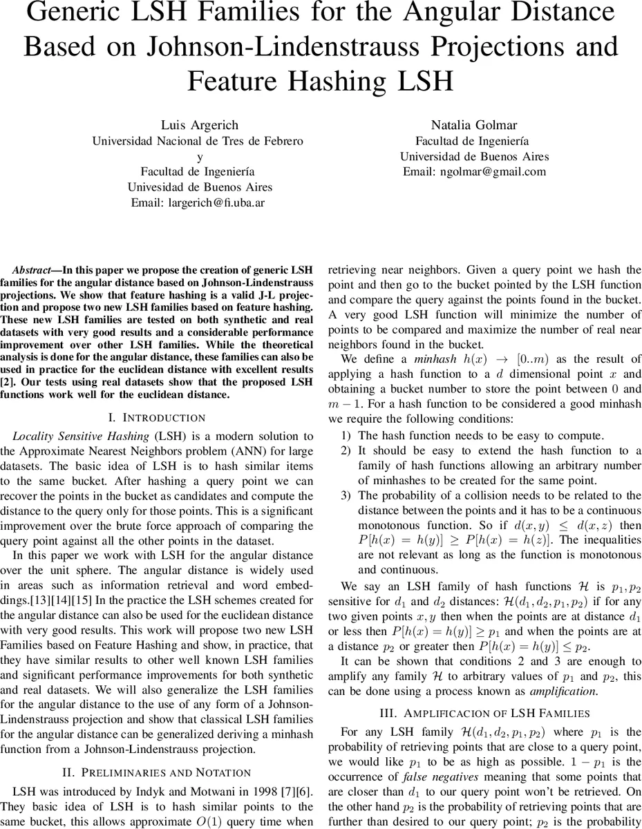 Generic LSH Families for the Angular Distance Based on   Johnson-Lindenstrauss Projections and Feature Hashing LSH