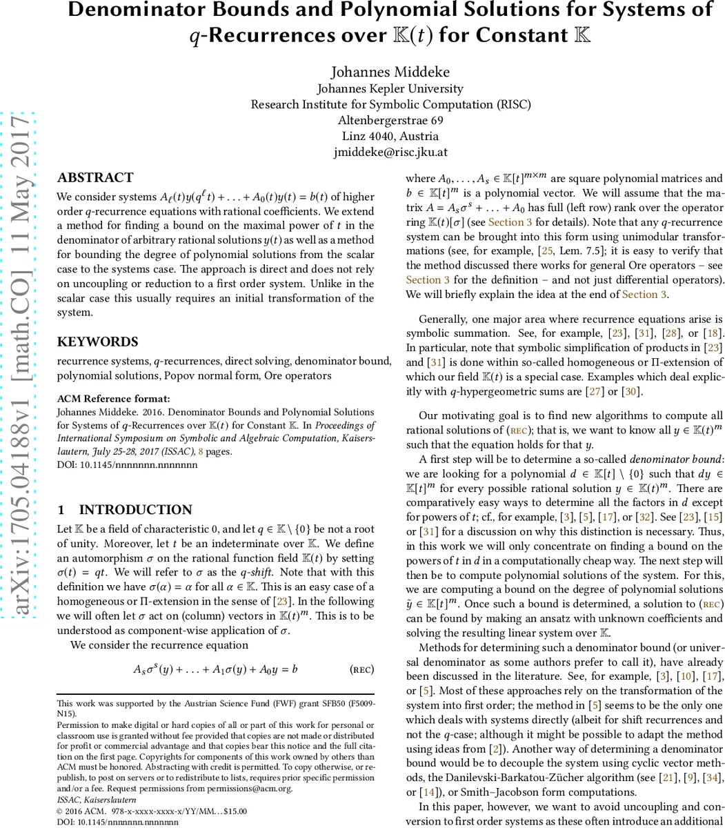 Denominator Bounds and Polynomial Solutions for Systems of q-Recurrences   over K(t) for Constant K