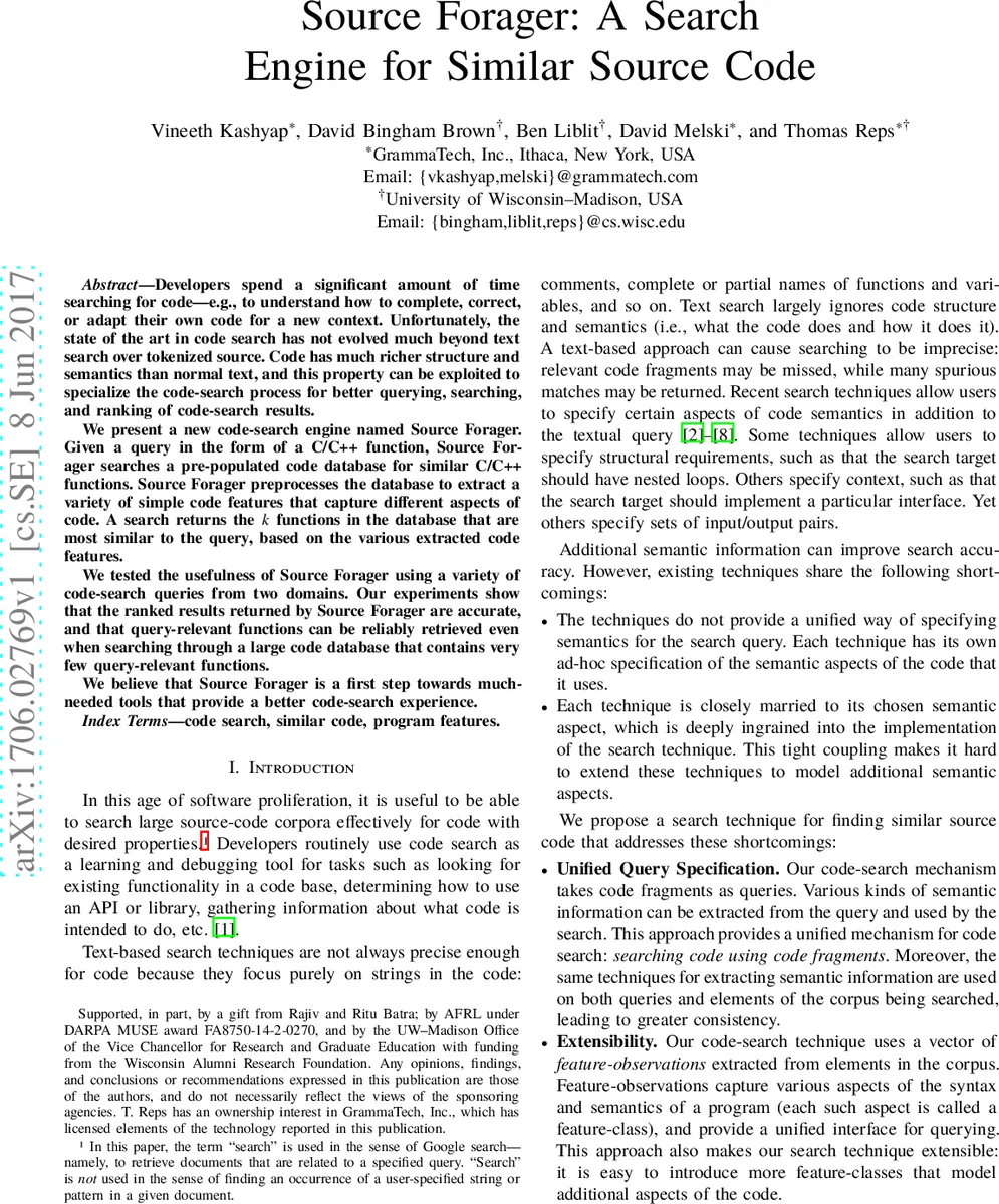 Source Forager: A Search Engine for Similar Source Code
