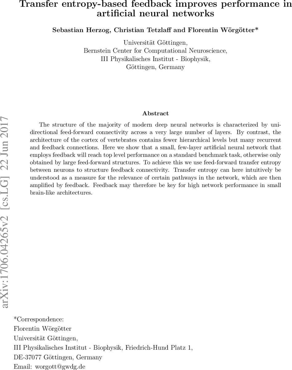 Transfer entropy-based feedback improves performance in artificial   neural networks