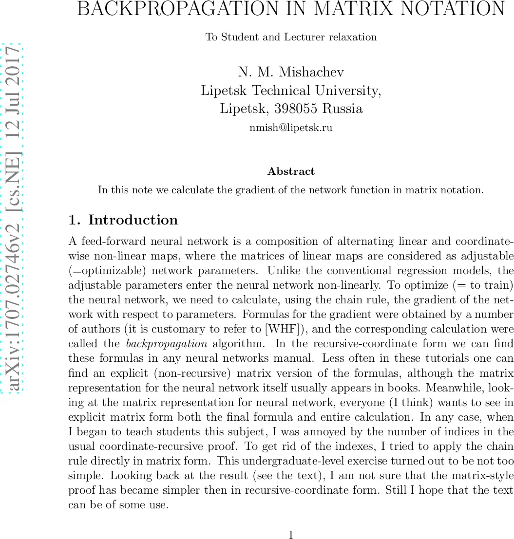 Backpropagation in matrix notation