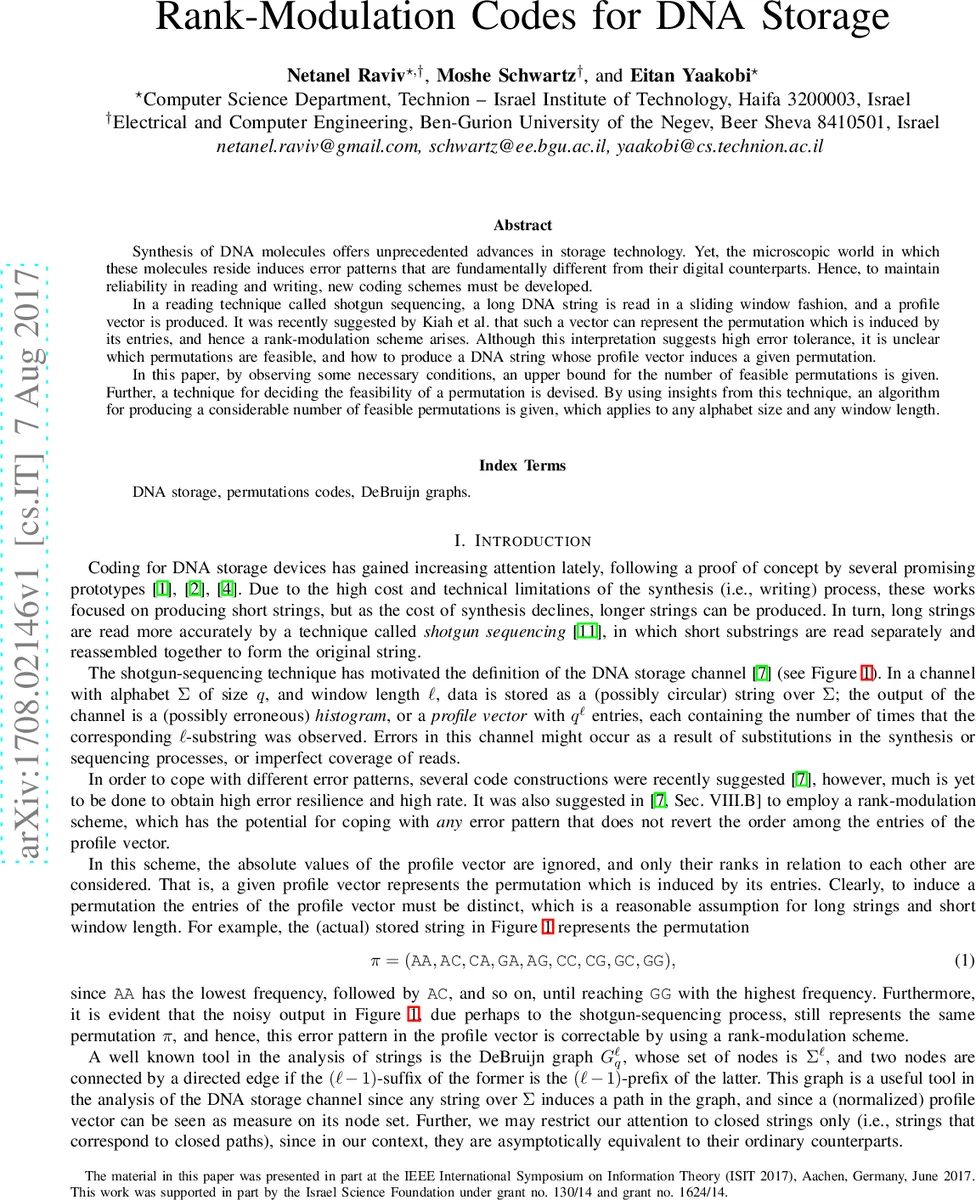 Rank modulation codes for DNA storage
