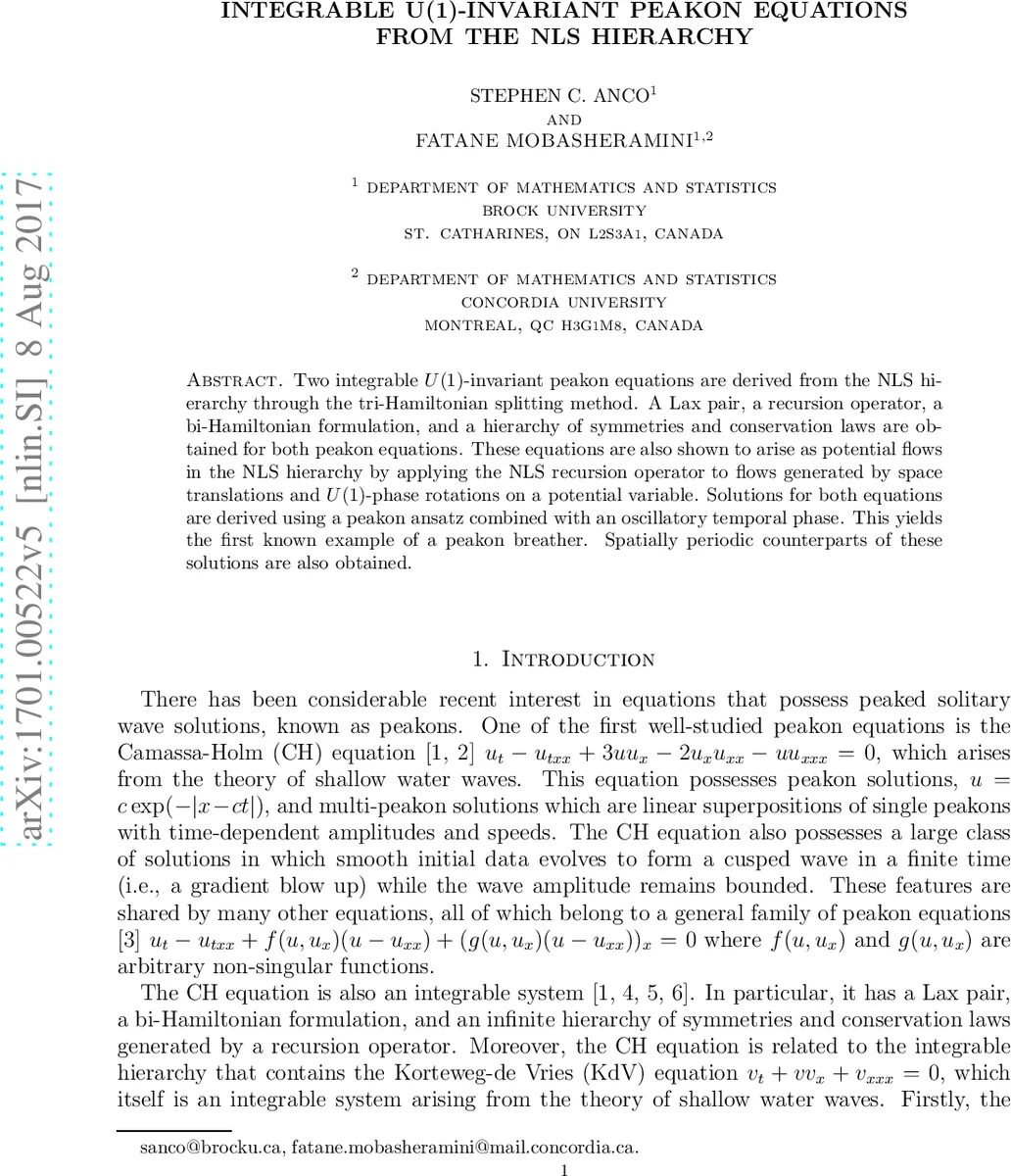 Integrable U(1)-invariant peakon equations from the NLS hierarchy