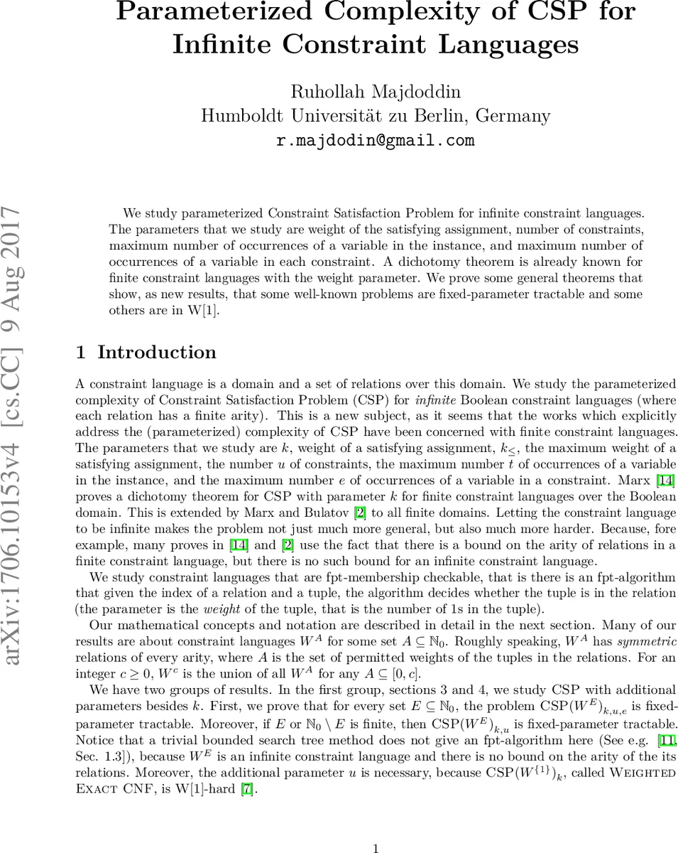 Parameterized Complexity of CSP for Infinite Constraint Languages