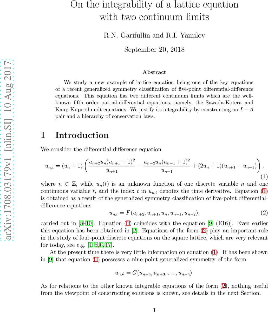 On the integrability of a lattice equation with two continuum limits