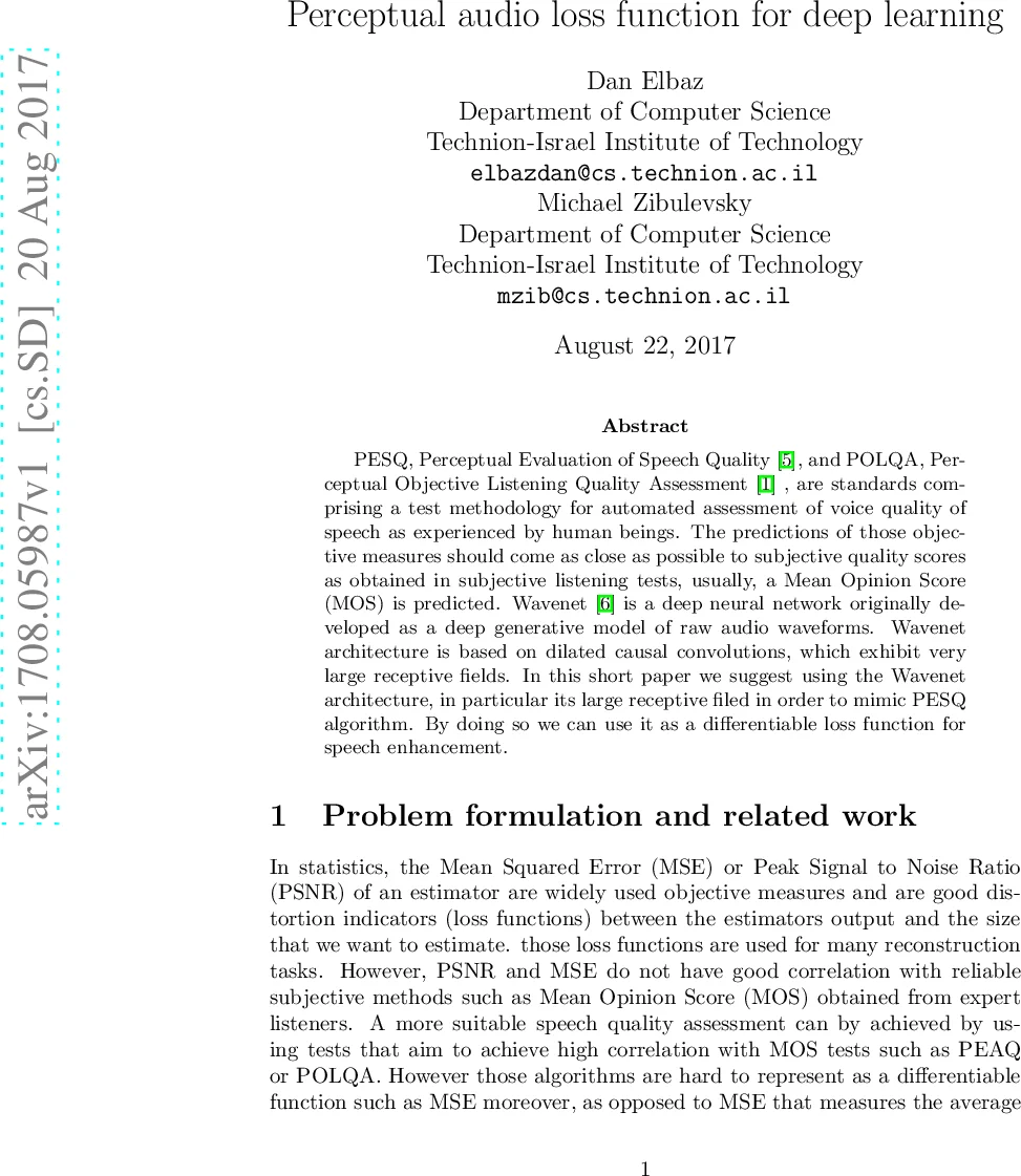 Perceptual audio loss function for deep learning