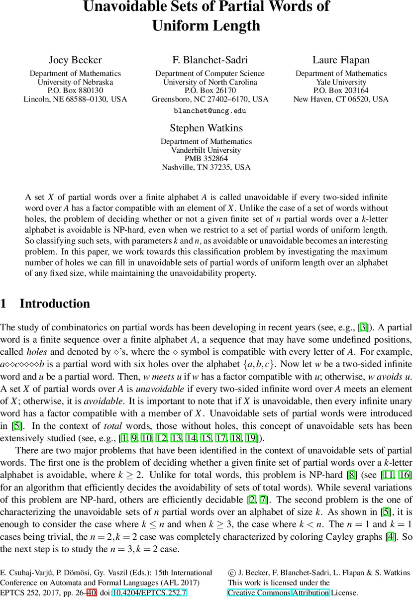 Unavoidable Sets of Partial Words of Uniform Length