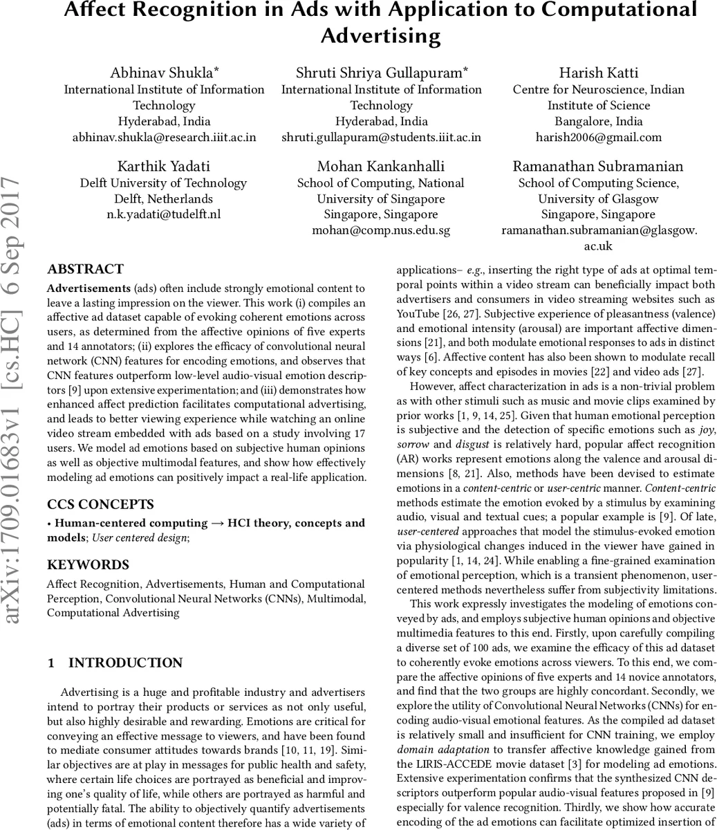 Affect Recognition in Ads with Application to Computational Advertising