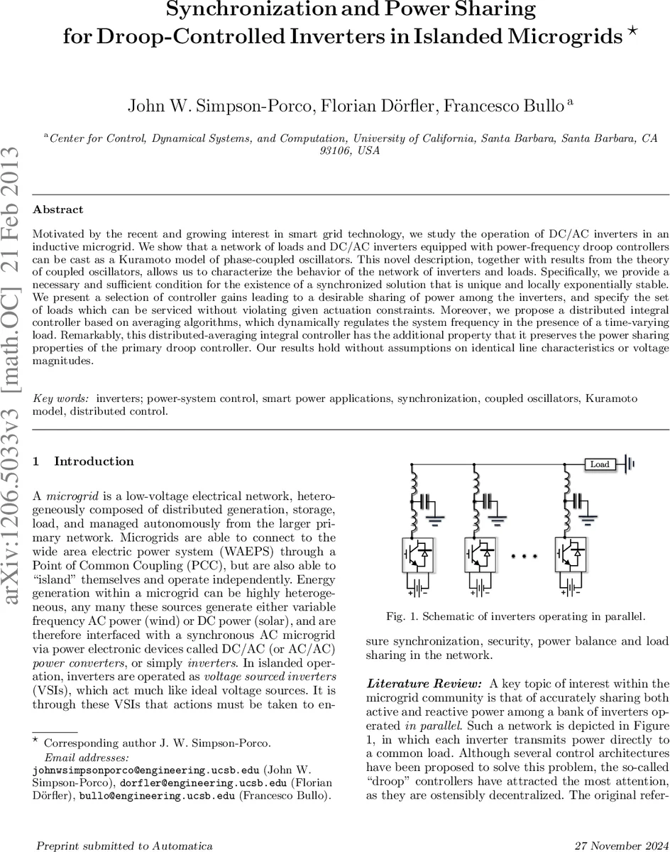 Synchronization and Power Sharing for Droop-Controlled Inverters in   Islanded Microgrids