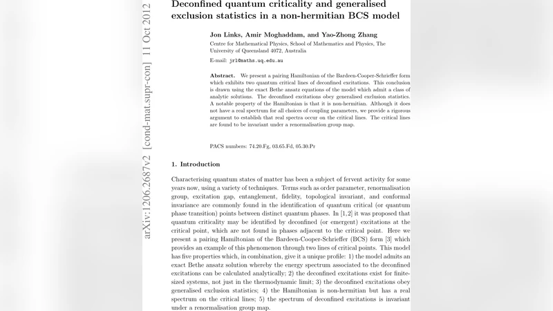 Deconfined quantum criticality and generalised exclusion statistics in a   non-hermitian BCS model
