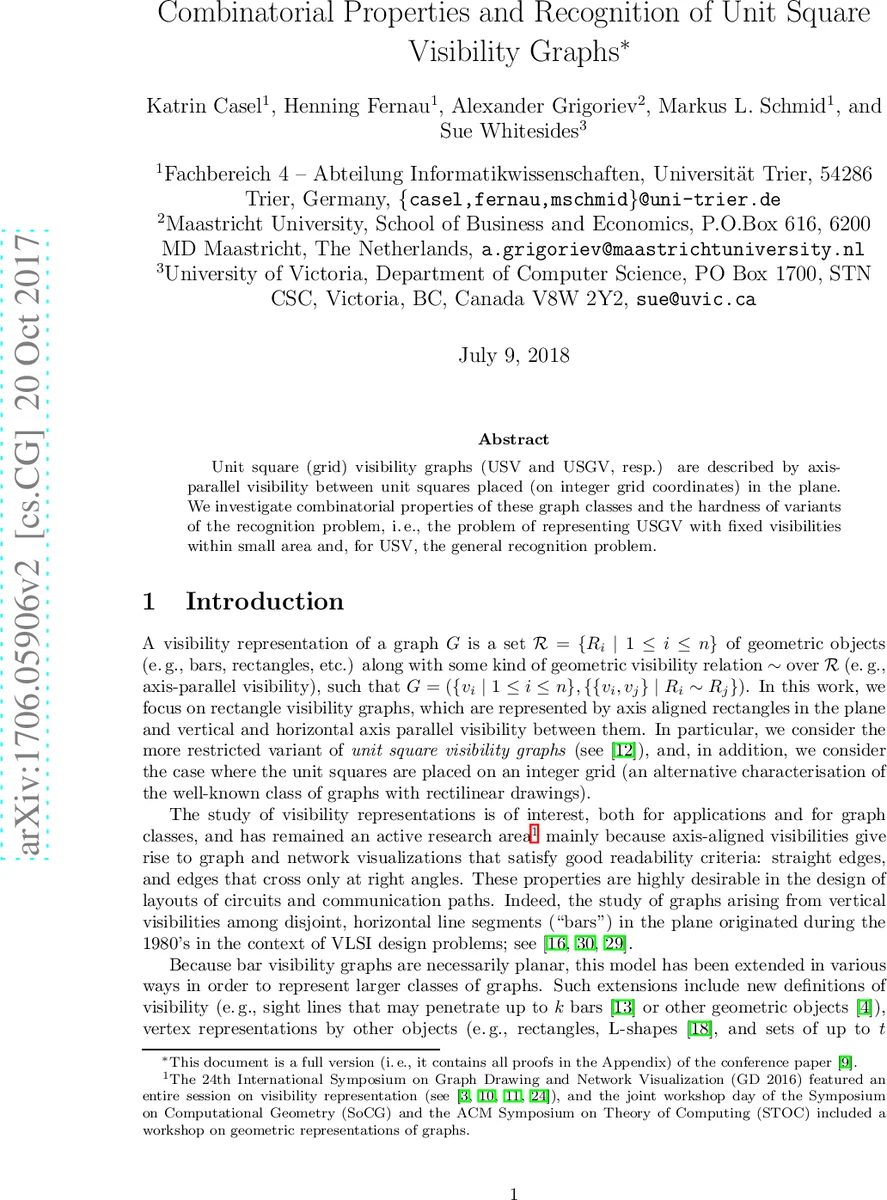 Combinatorial Properties and Recognition of Unit Square Visibility   Graphs
