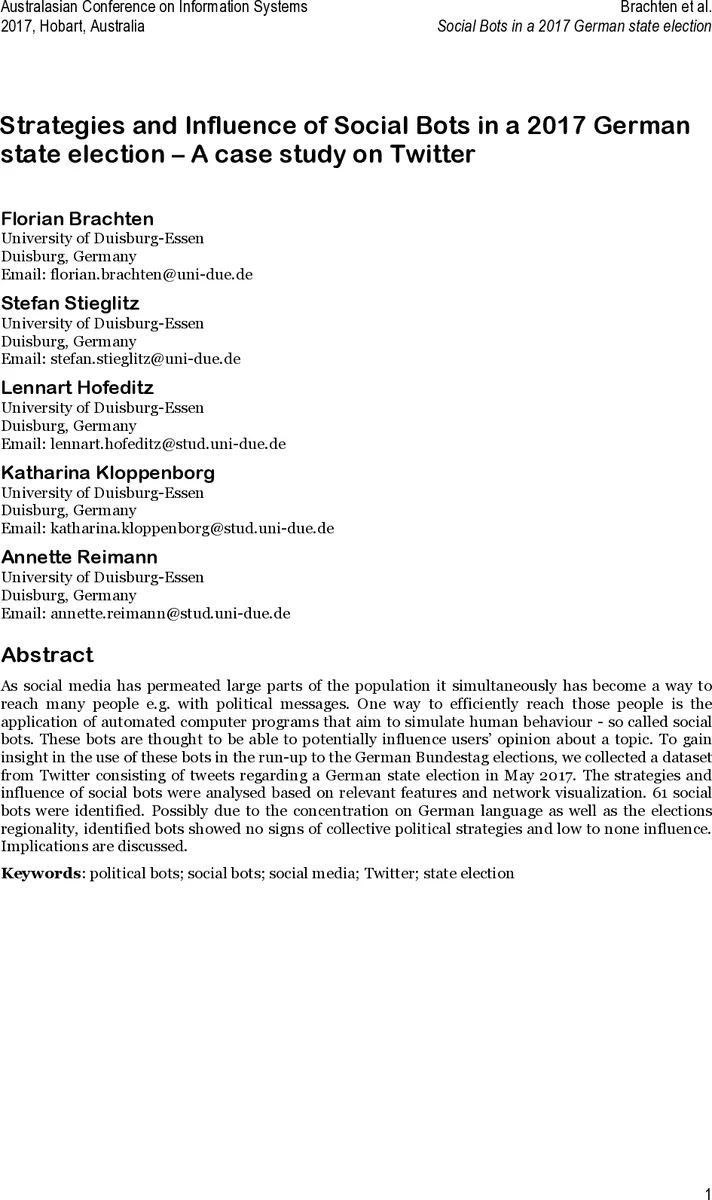 Strategies and Influence of Social Bots in a 2017 German state election   - A case study on Twitter