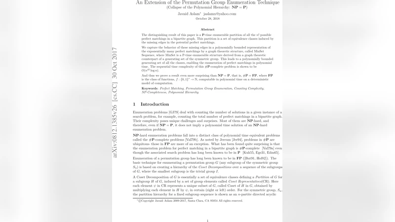 An Extension of the Permutation Group Enumeration Technique (Collapse of   the Polynomial Hierarchy: $mathbf{NP = P}$)