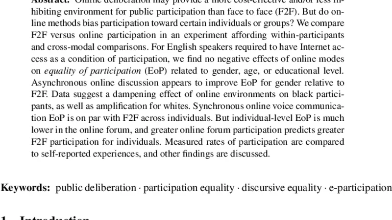 Equality of Participation Online Versus Face to Face: Condensed Analysis   of the Community Forum Deliberative Methods Demonstration
