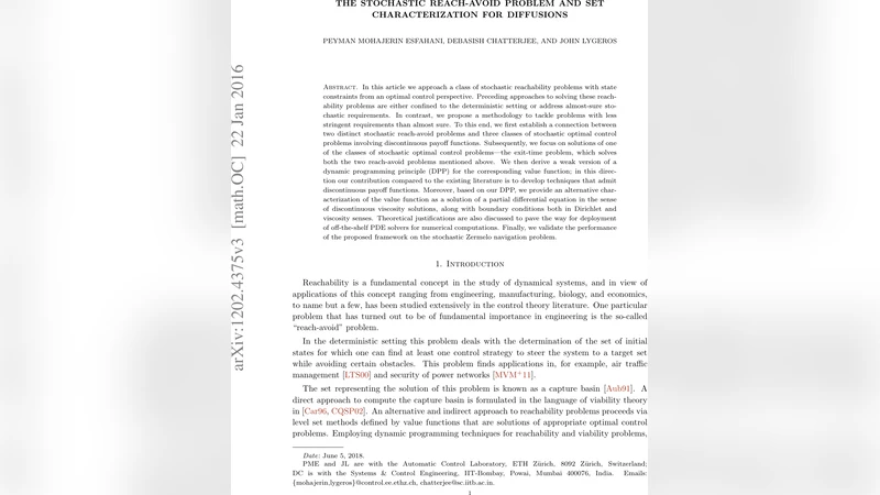 The Stochastic Reach-Avoid Problem and Set Characterization for   Diffusions