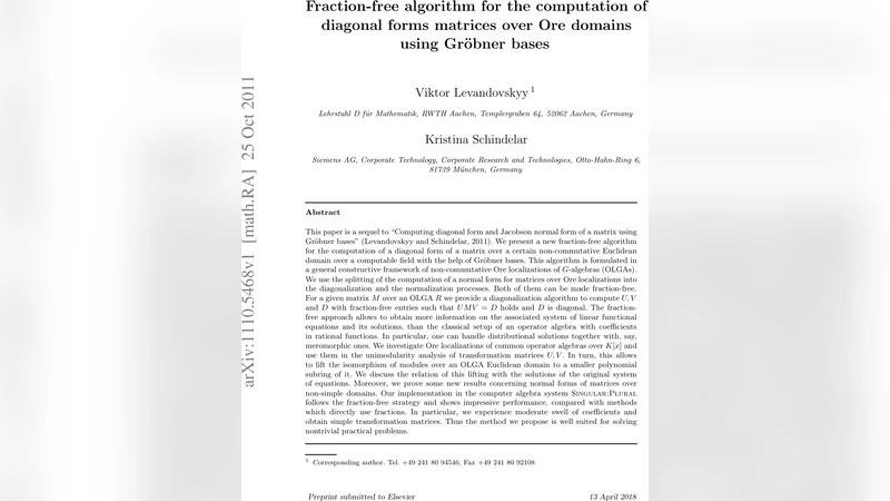 Fraction-free algorithm for the computation of diagonal forms matrices   over Ore domains using Gr{"o}bner bases
