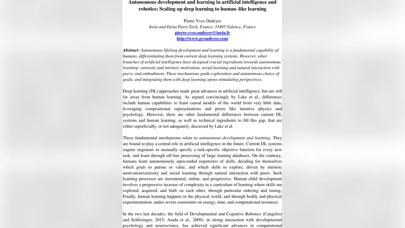 Autonomous development and learning in artificial intelligence and   robotics: Scaling up deep learning to human--like learning