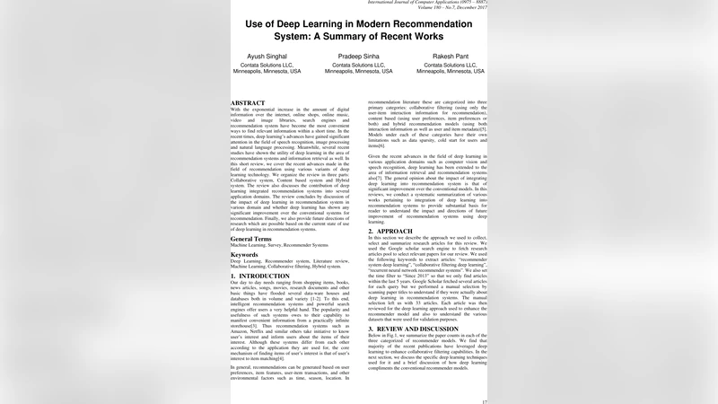 Use of Deep Learning in Modern Recommendation System: A Summary of   Recent Works
