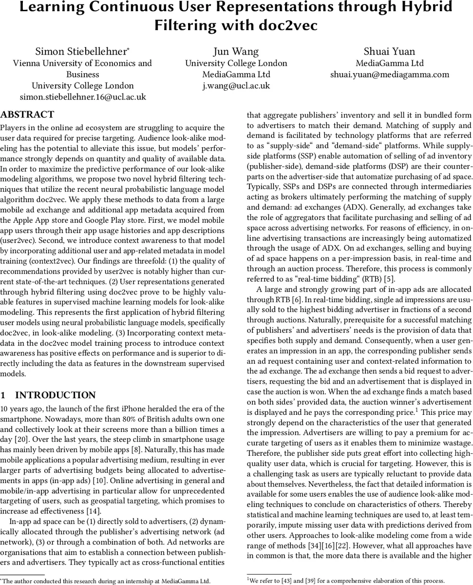 Learning Continuous User Representations through Hybrid Filtering with   doc2vec