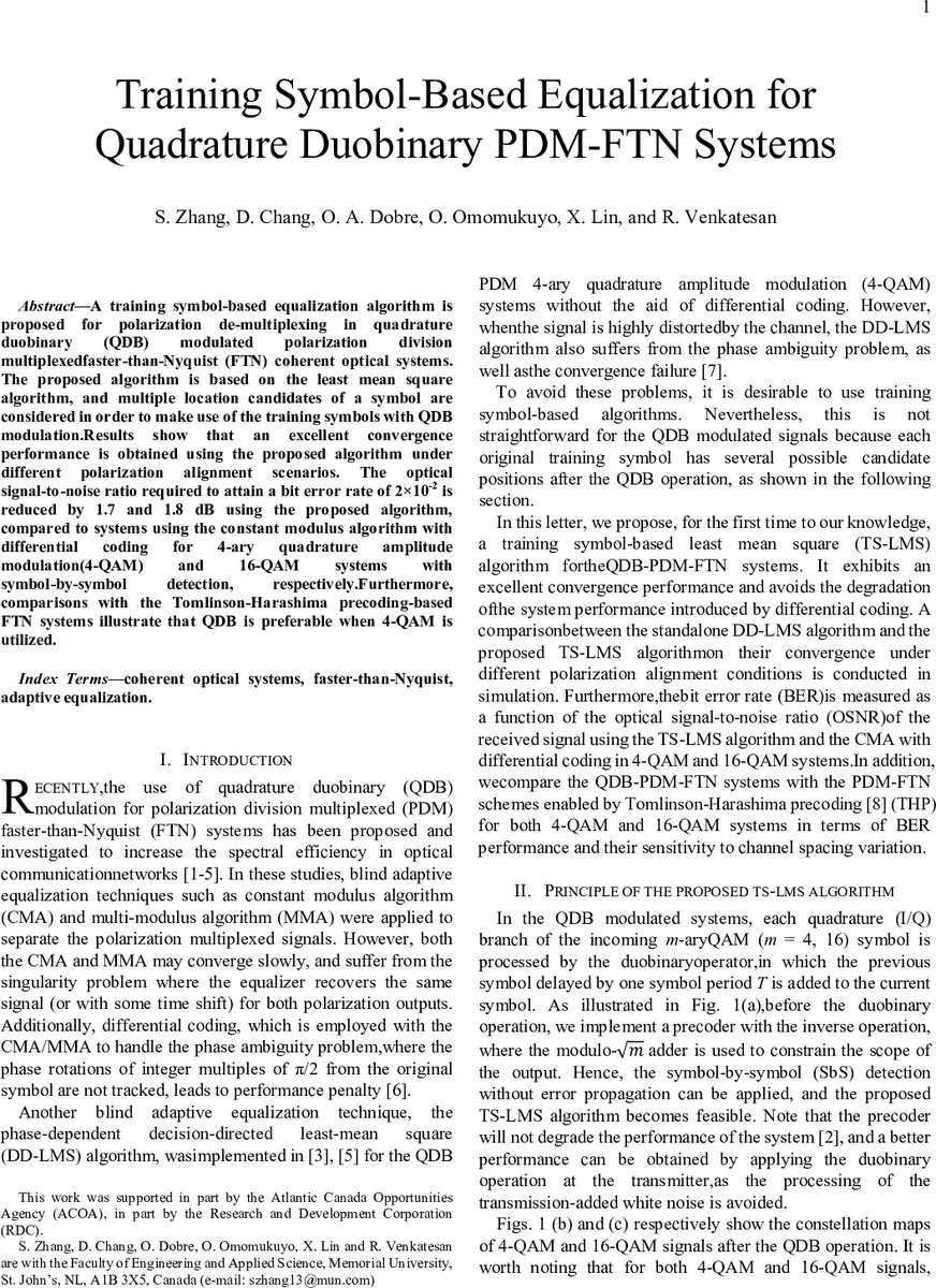 Training Symbol-Based Equalization for Quadrature Duobinary PDM-FTN   Systems