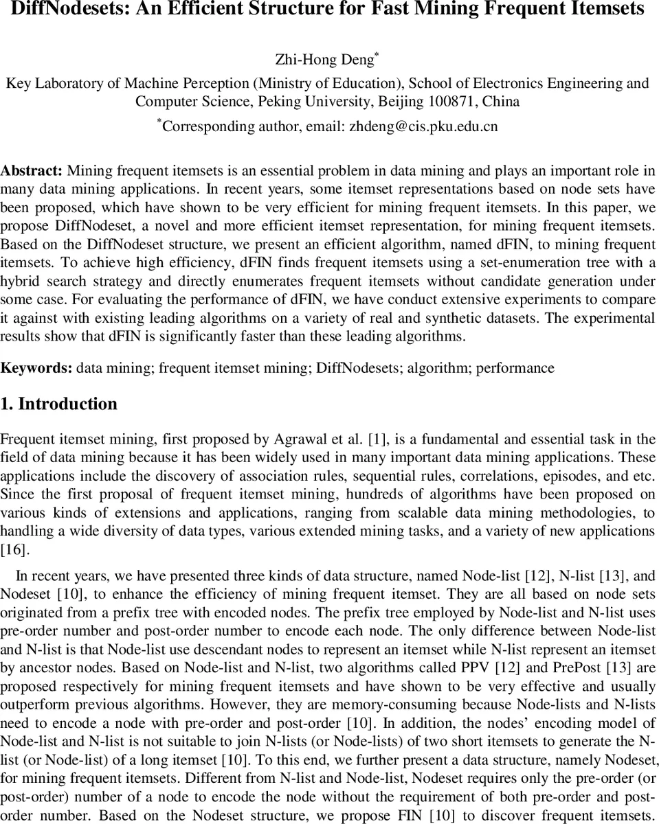 DiffNodesets: An Efficient Structure for Fast Mining Frequent Itemsets