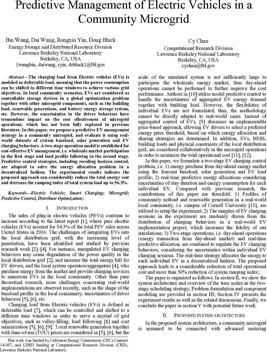Predictive Management of Electric Vehicles in a Community Microgrid