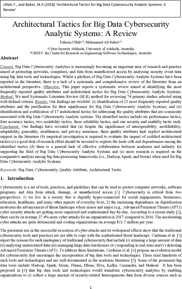 Architectural Tactics for Big Data Cybersecurity Analytic Systems: A   Review