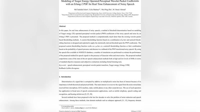 Modeling of Teager Energy Operated Perceptual Wavelet Packet   Coefficients with an Erlang-2 PDF for Real Time Enhancement of Noisy Speech