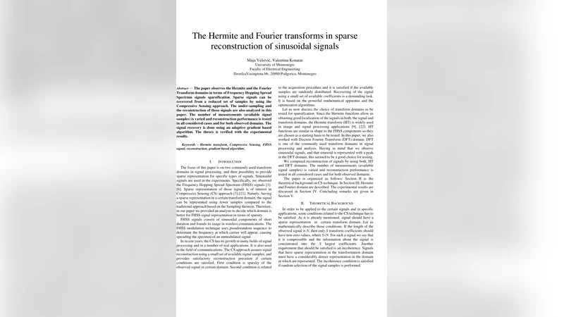 The Hermite and Fourier transforms in sparse reconstruction of   sinusoidal signals
