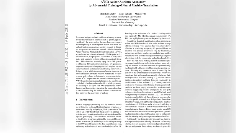 $A^{4}NT$: Author Attribute Anonymity by Adversarial Training of Neural   Machine Translation