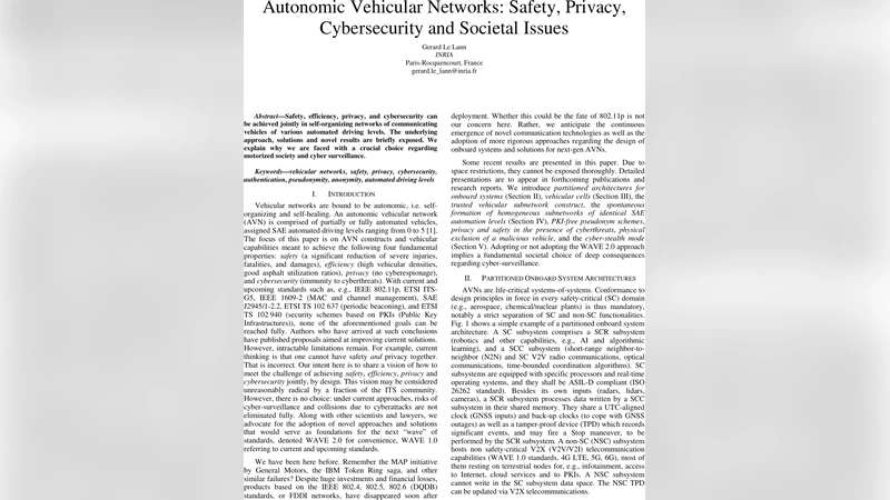 Autonomic Vehicular Networks: Safety, Privacy, Cybersecurity and   Societal Issues