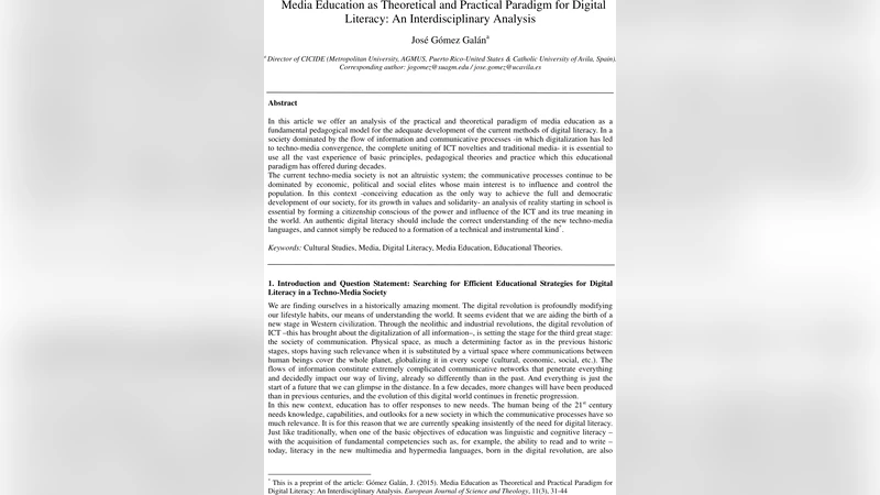 Media Education as Theoretical and Practical Paradigm for Digital   Literacy: An Interdisciplinary Analysis