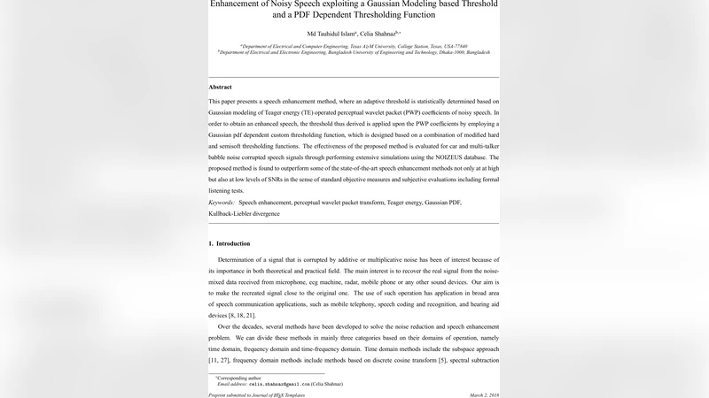 Enhancement of Noisy Speech exploiting a Gaussian Modeling based   Threshold and a PDF Dependent Thresholding Function