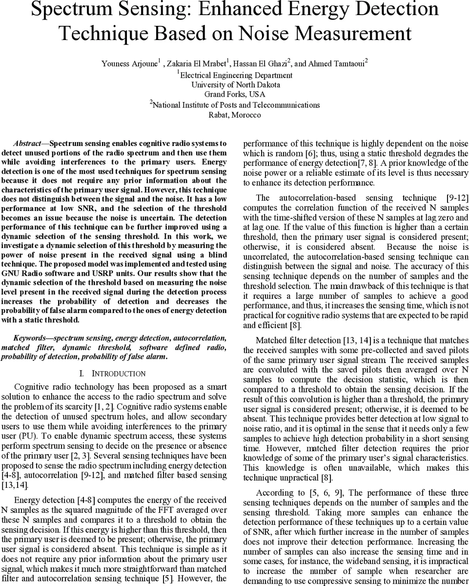 Spectrum Sensing: Enhanced Energy Detection Technique Based on Noise   Measurement