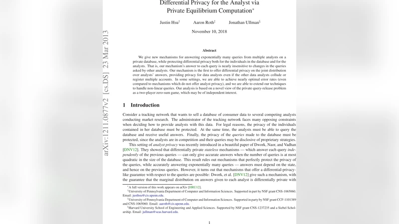 Differential Privacy for the Analyst via Private Equilibrium Computation