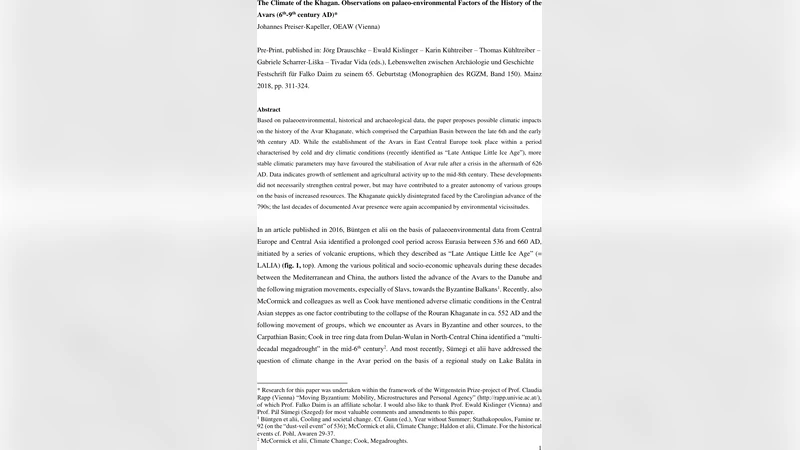 The Climate of the Khagan. Observations on palaeo-environmental Factors   of the History of the Avars (6th-9th century AD)