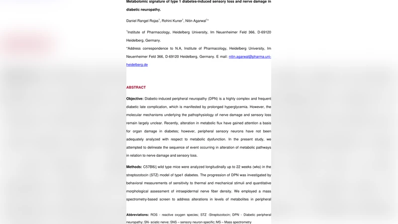 Metabolomic signature of type 1 diabetes-induced sensory loss and nerve   damage in diabetic neuropathy