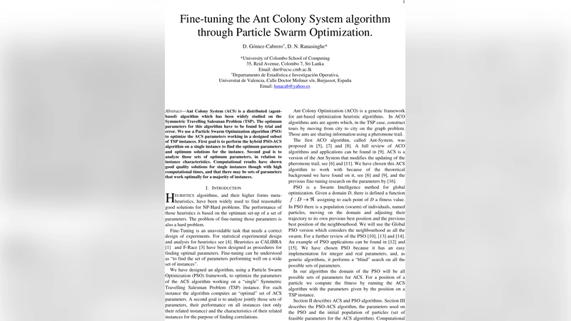 Fine-tuning the Ant Colony System algorithm through Particle Swarm   Optimization