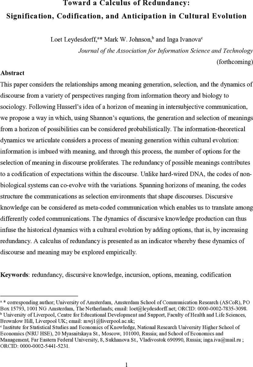 Toward a Calculus of Redundancy: The feedback arrow of expectations in   knowledge-based systems