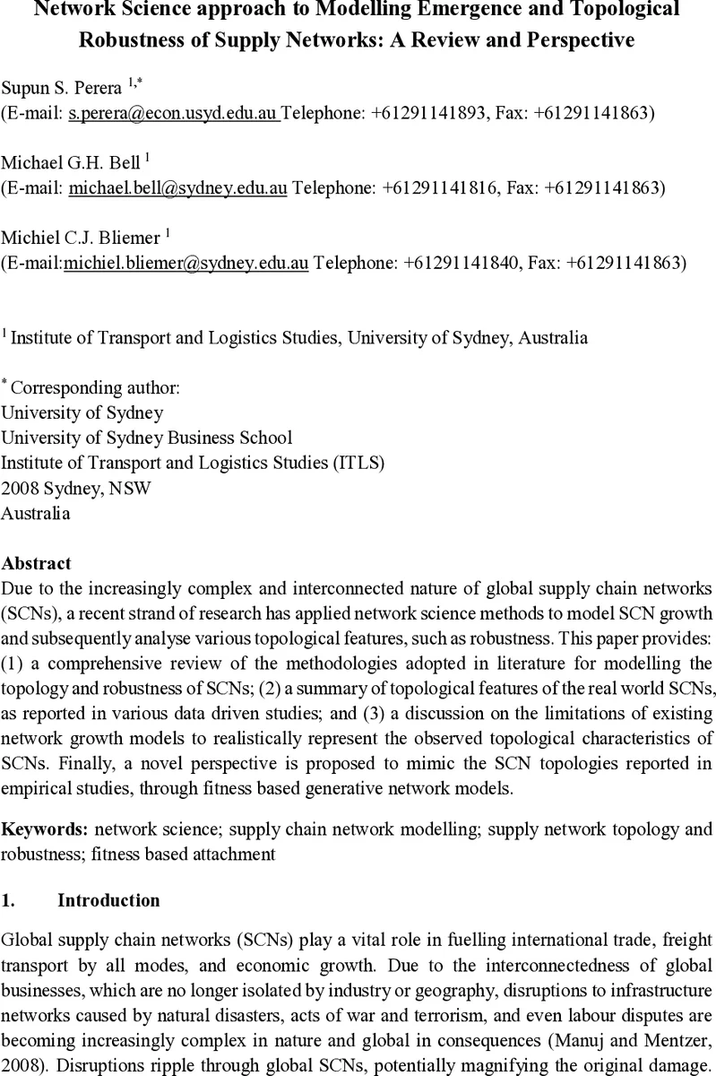 Network Science approach to Modelling Emergence and Topological   Robustness of Supply Networks: A Review and Perspective