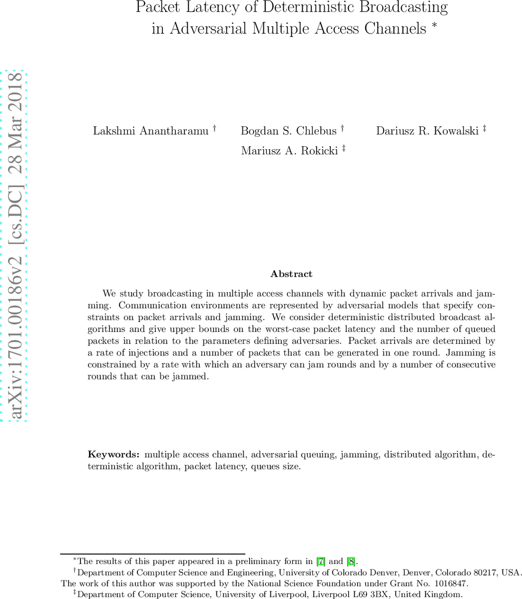 Packet Latency of Deterministic Broadcasting in Adversarial Multiple   Access Channels