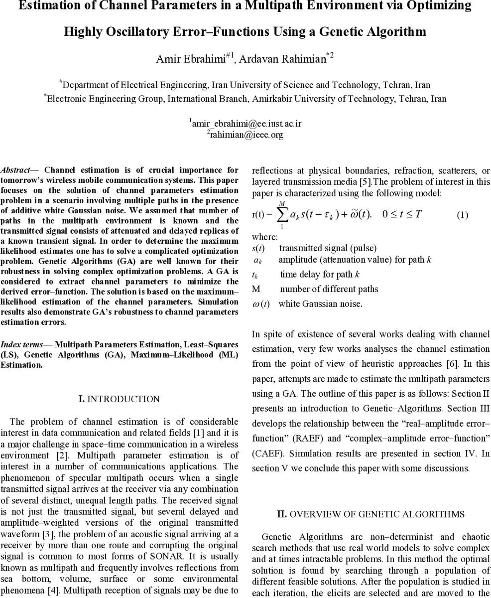 Estimation of Channel Parameters in a Multipath Environment via   Optimizing Highly Oscillatory Error-Functions Using a Genetic Algorithm