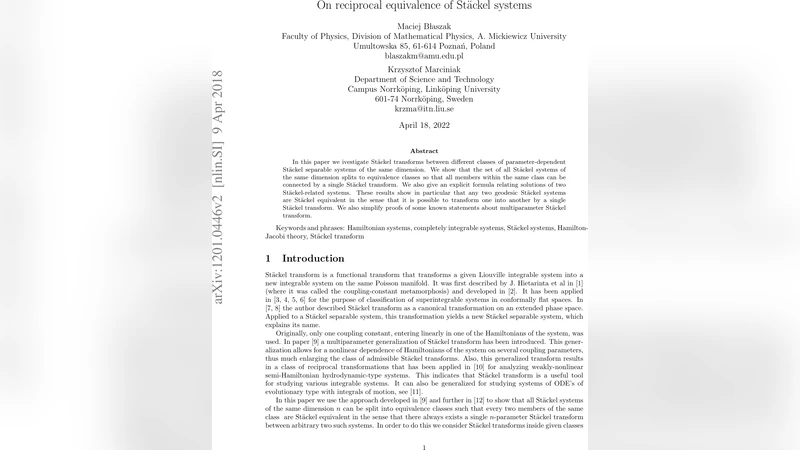 On reciprocal equivalence of St"ackel systems