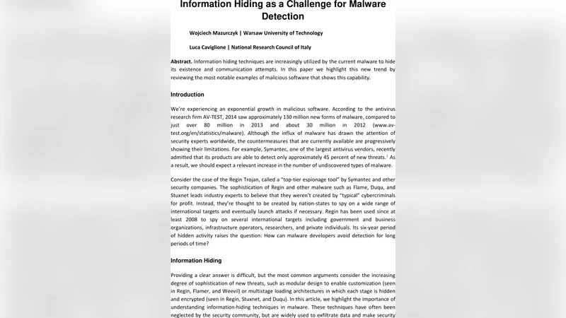 Information Hiding as a Challenge for Malware Detection
