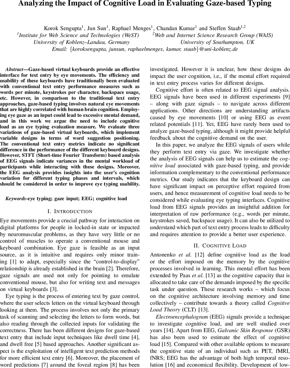 Analyzing the Impact of Cognitive Load in Evaluating Gaze-based Typing