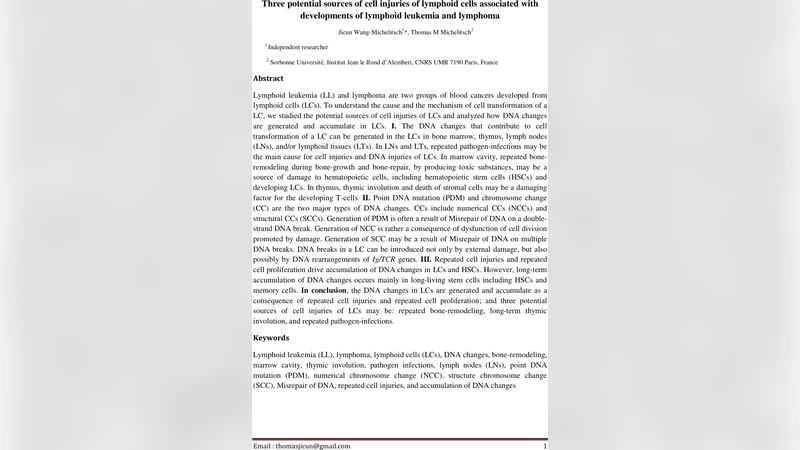 Three potential sources of cell injuries of lymphoid cells associated   with developments of lymphoid leukemia and lymphoma