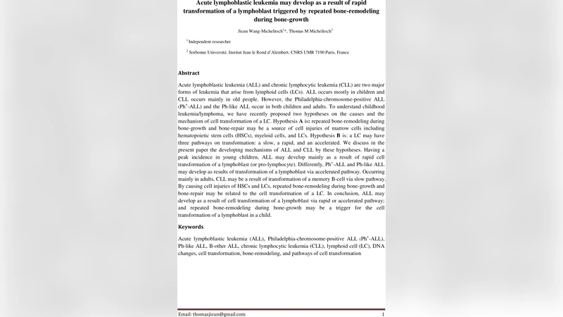 Acute lymphoblastic leukemia may develop as a result of rapid   transformation of a lymphoblast triggered by repeated bone-remodeling during   bone-growth
