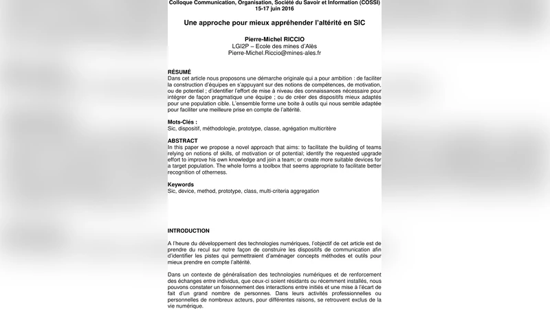 Une approche pour mieux appr{e}hender lalt{e}rit{e} en SIC