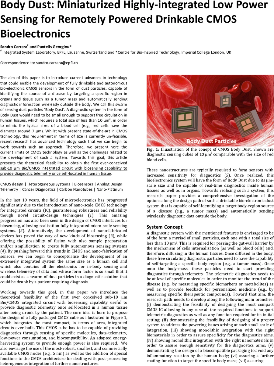 Body Dust: Miniaturized Highly-integrated Low Power Sensing for Remotely   Powered Drinkable CMOS Bioelectronics