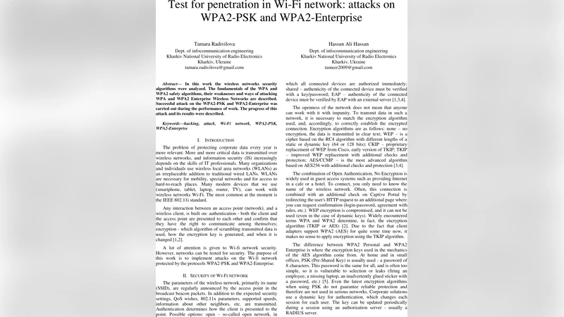 Test for penetration in Wi-Fi network: attacks on WPA2-PSK and   WPA2-Enterprise
